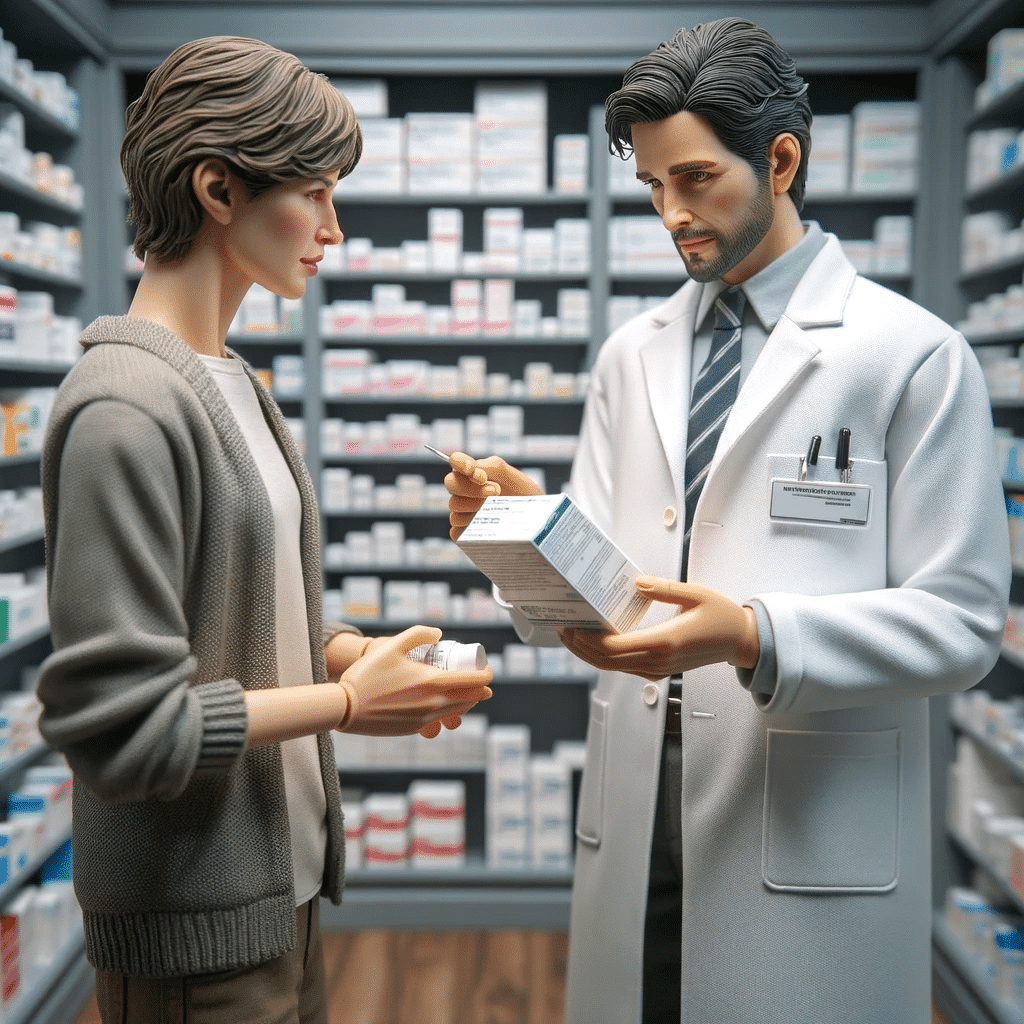 An extremely realistic and detailed scene inside a pharmacy, showing a pharmacist and a customer. The pharmacist, in a white coat, is handing a box of