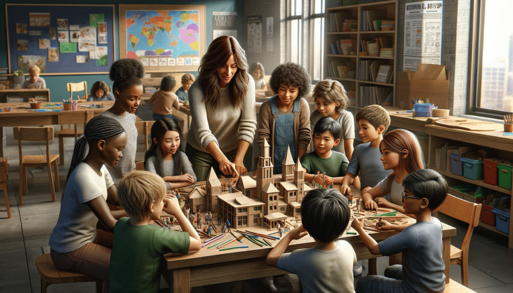 An extremely realistic illustration of a diverse group of children engaged in a social learning activity, guided by an adult in a classroom setting. T.png