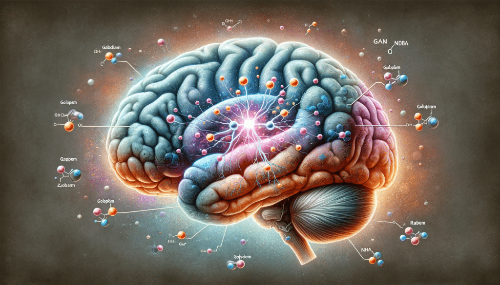 An illustrated, horizontal image of the human brain with an emphasis on GABA neurotransmitters, highlighting their interaction with Zolpidem. The imag.
