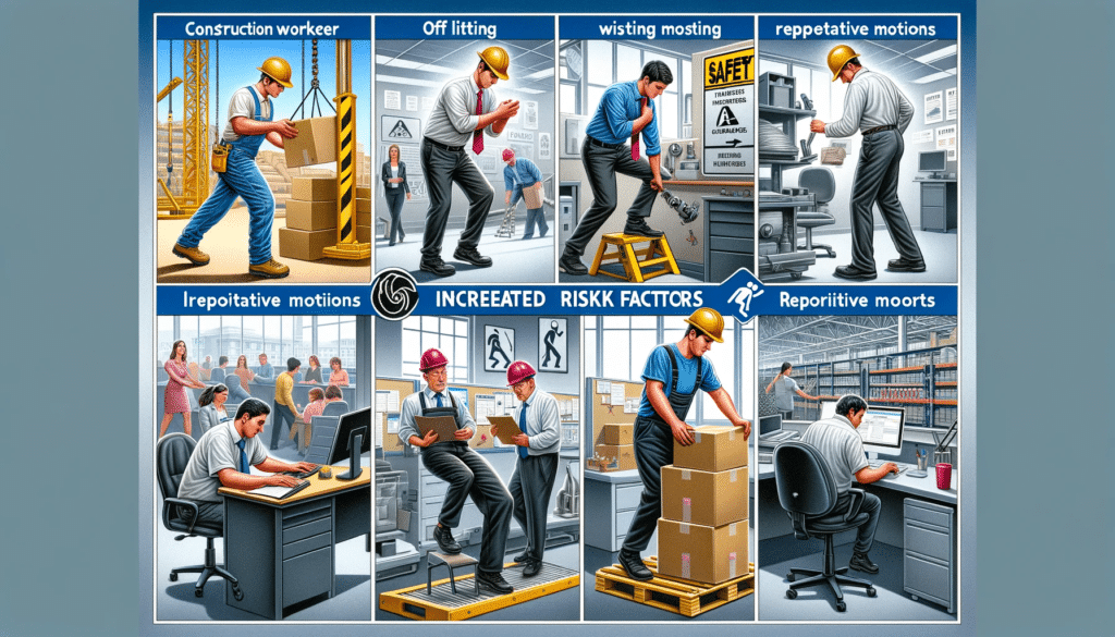 An illustration depicting various occupations involving lifting twisting and repetitive motions to represent increased risk factors. The scene inclu