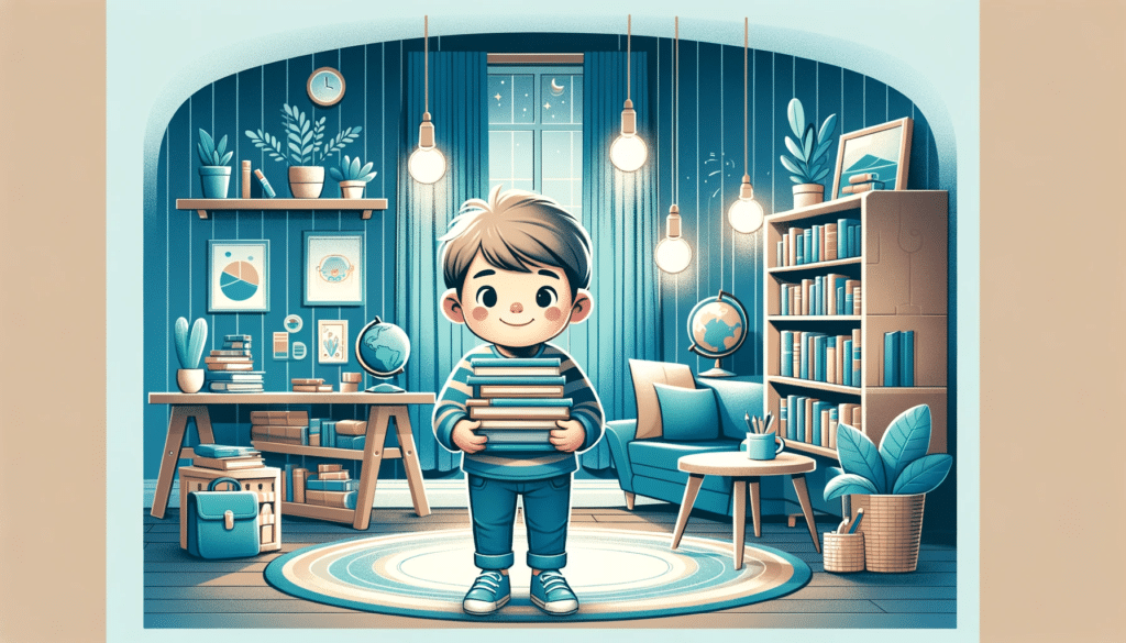 An illustration of a child of indeterminate descent in a room holding a stack of books. The child should appear content and curious, surrounded by a c