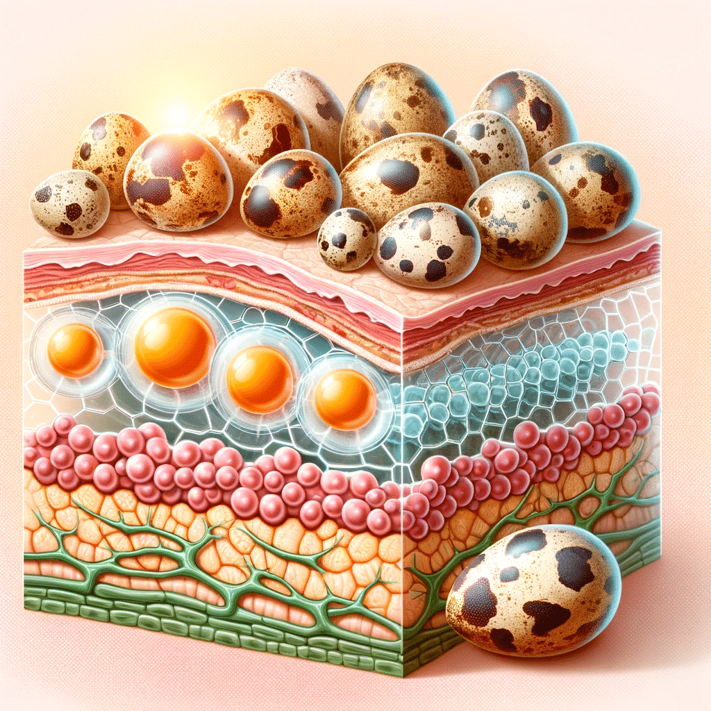 An illustration of a cross section of healthy skin on a cellular level with quail eggs superimposed in the corner suggesting their contribution to sk