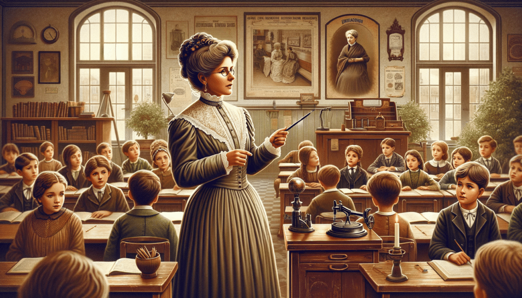 An illustration of a historical female figure resembling Maria Montessori, standing in a classic early 20th-century classroom setting. The figure is d