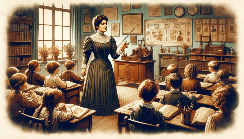 An illustration of a historical female figure resembling Maria Montessori, standing in a classic early 20th-century classroom setting. The figure is d (2)
