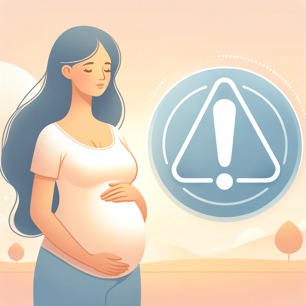 An illustration of a pregnant woman standing calmly with a stylized icon of alert next to her. The woman is depicted in a serene environment, looking