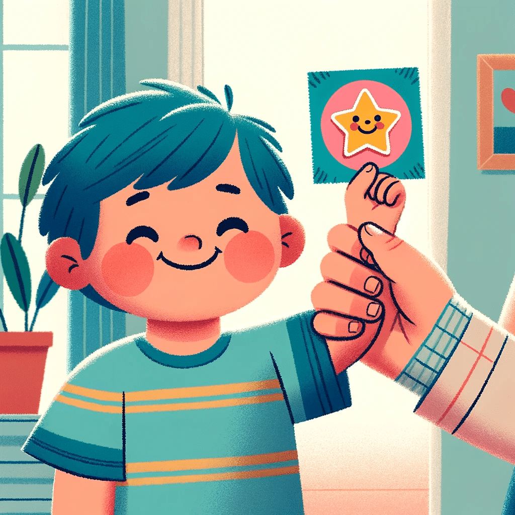 An illustration showing a child receiving a reward after taking medicine. The child should be displaying a bright cheerful smile and receiving a colo 1