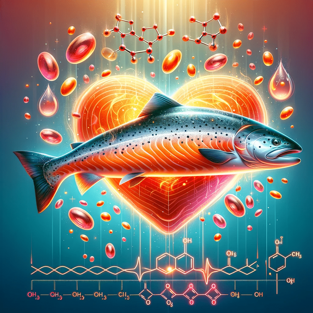 An illustration that visually emphasizes the presence of omega-3 fatty acids in salmon. The salmon should be the centerpiece of the image, depicted in.