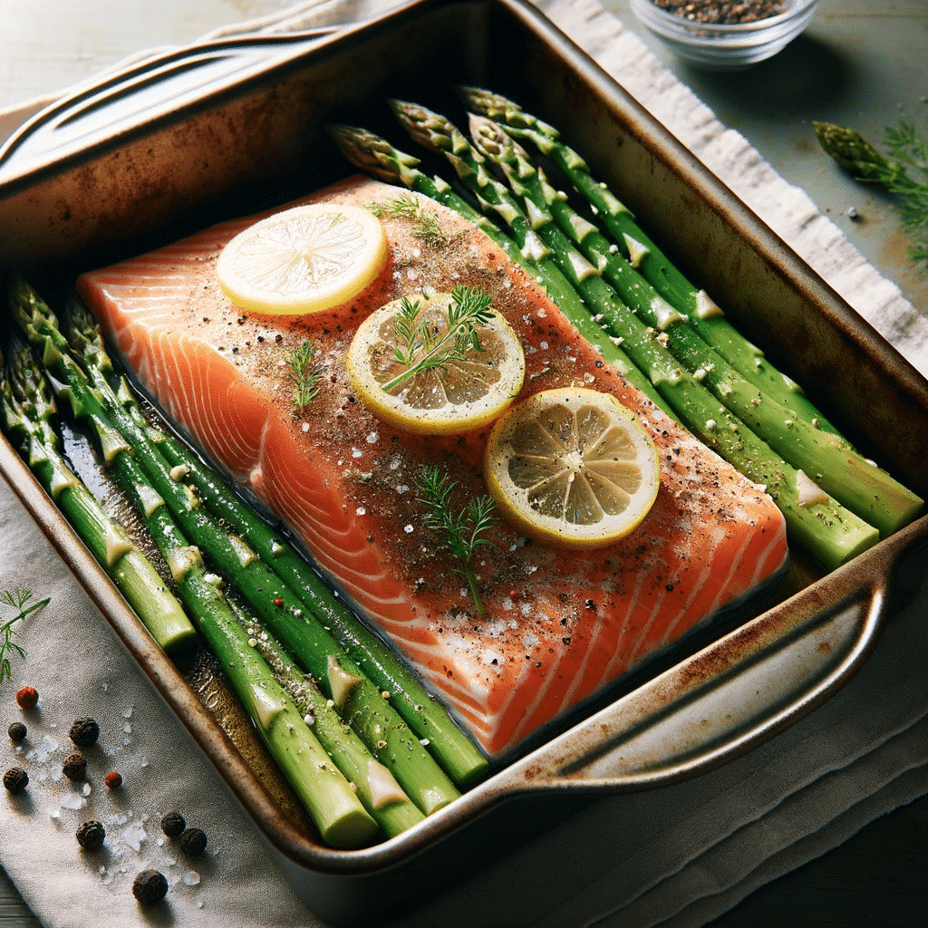 An image displaying a baking dish ready for the oven, with fresh salmon fillets and asparagus seasoned with herbs and spices. The salmon should have a