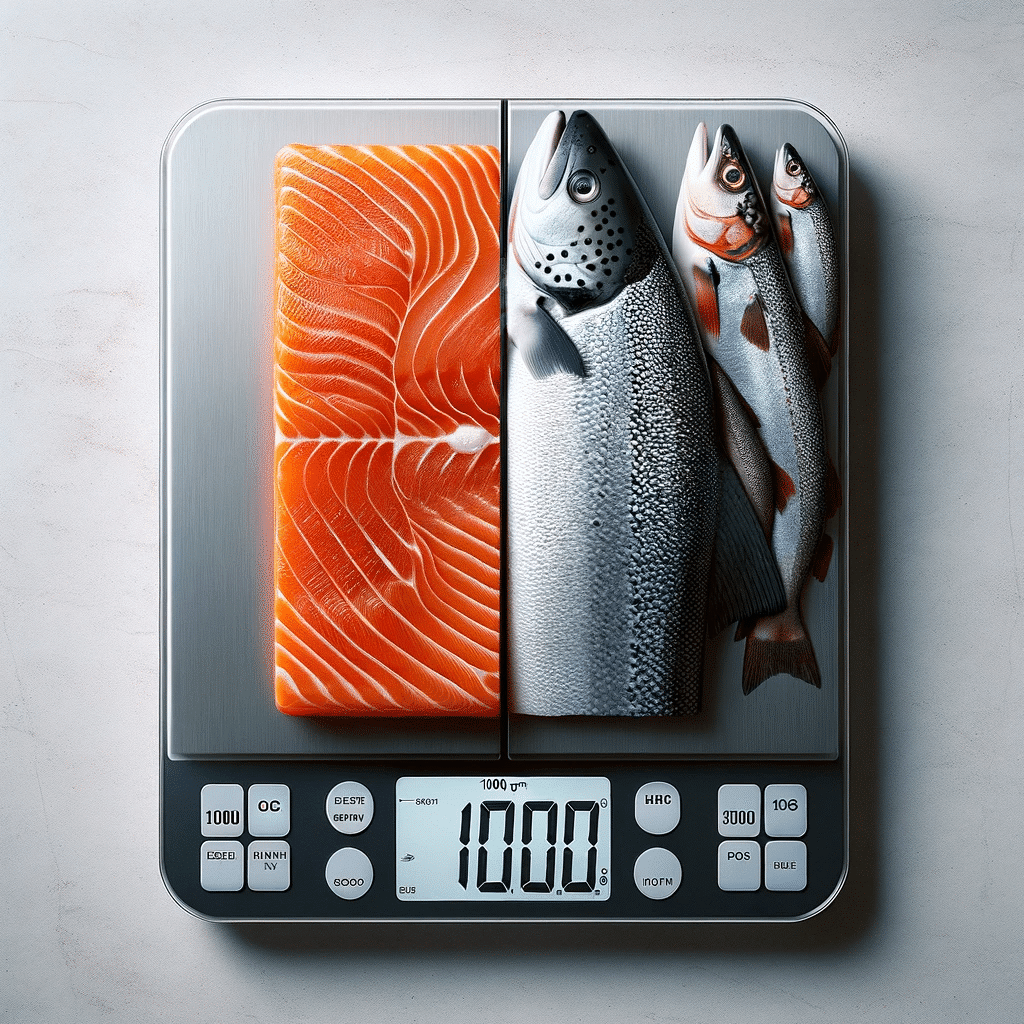 An image divided into two equal parts, each featuring a digital kitchen scale with a portion of fish on it. On the left side of the scale is a 100-gra