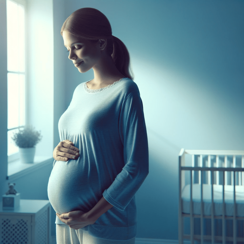 An image of a pregnant woman standing peacefully in a room, bathed in soft ciano blue tones that give a feeling of tranquility and maternal care. The inchaço excessive e endema