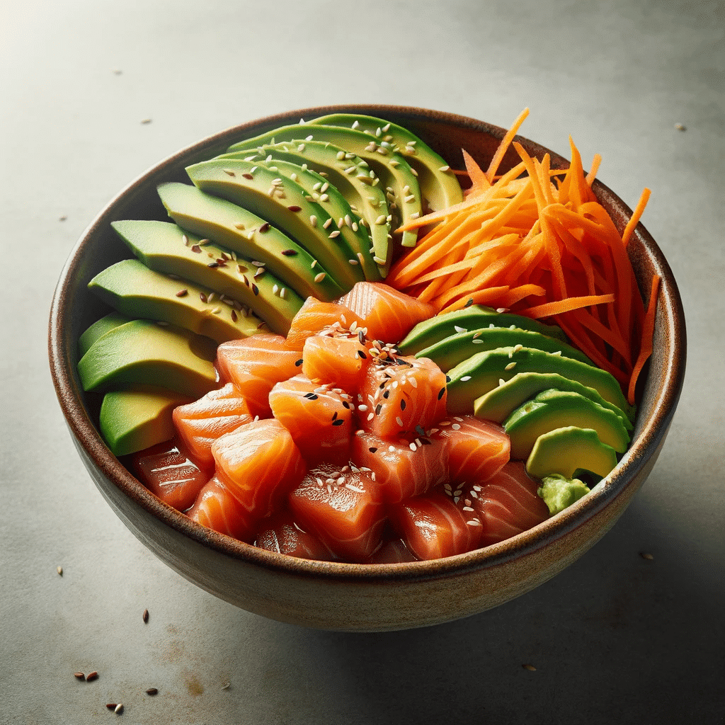 An image of a salmon poke bowl, featuring cubed salmon as the central ingredient, accompanied by slices of ripe avocado and julienned carrots. The bow