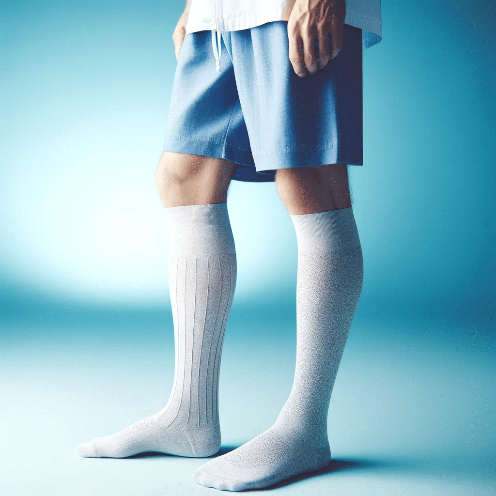 An image of an individual wearing a compression sock, standing in a relaxed pose to showcase the sock. The background should be a soft ciano blue colo para edema