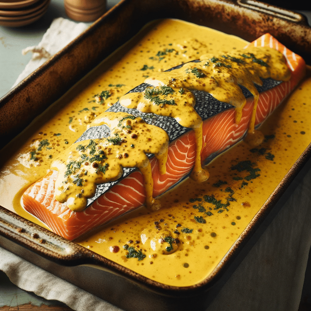 An image showing a whole salmon covered in mustard sauce in a baking dish. The salmon should look ready to be cooked, with a glossy mustard sauce appl.