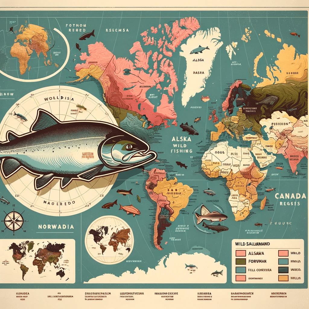 An informative world map focusing on the major wild salmon fishing regions. The map should highlight Alaska, Norway, and Canada with a distinct visua