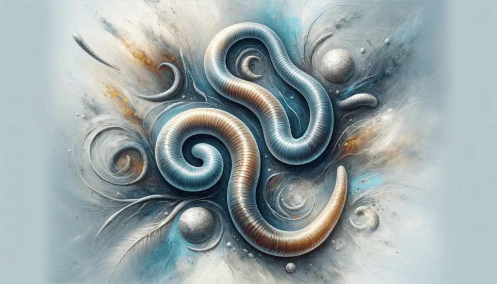 Artistic representation of Ascaris lumbricoides, the parasitic worm, depicted in a detailed and realistic style. The background is abstract, blending