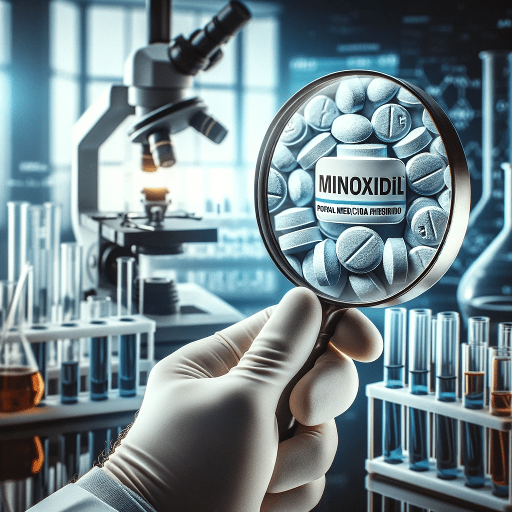 Close up photo of a doctors hand holding a MINOXIDIL pill under a magnifying glass revealing intricate details of the pill. The background is blur
