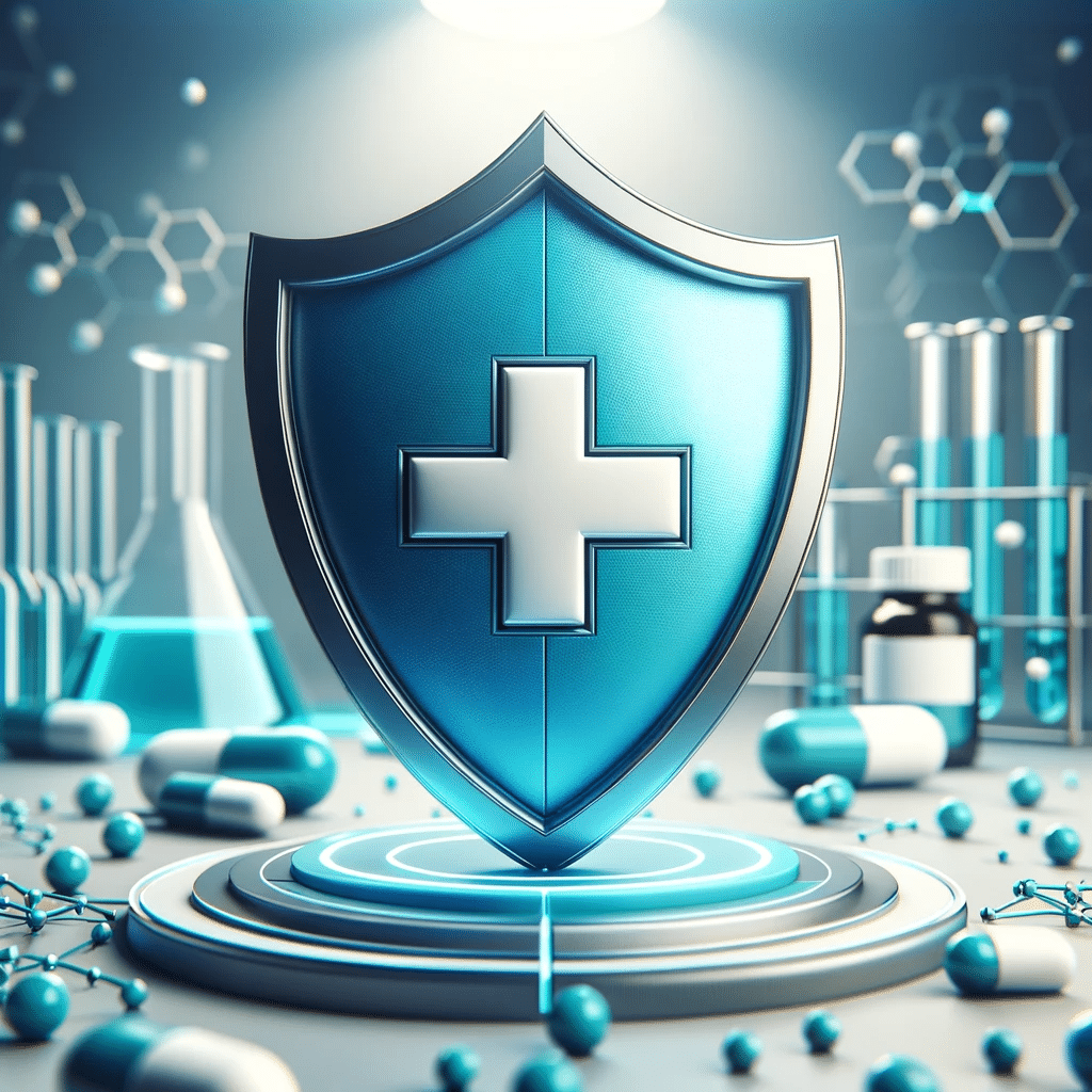 Craft a refined 3D image of a cyan blue shield color hex 133951 with a symmetric white cross in the center. The shield should have a glossy high t 2