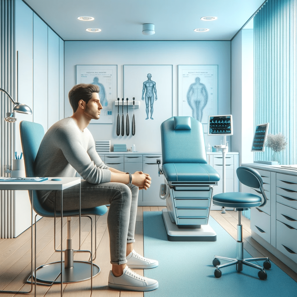 Create a high-quality, hyper-realistic image of a man sitting patiently in a medical consultation room, waiting for his appointment. The man is dresse