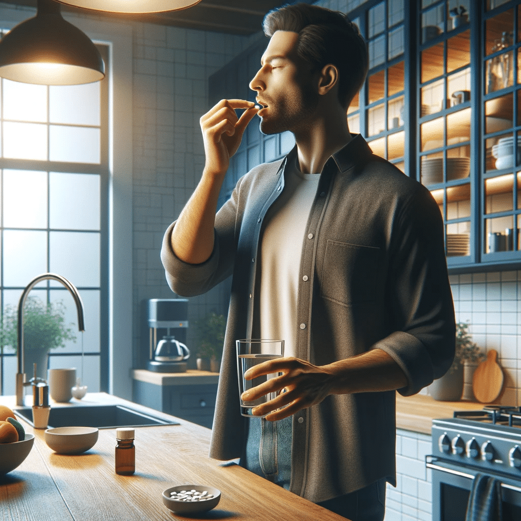 Create a high-quality, hyper-realistic image of a man standing in a kitchen, taking a pill. The kitchen should have modern appliances and a clean aest.png