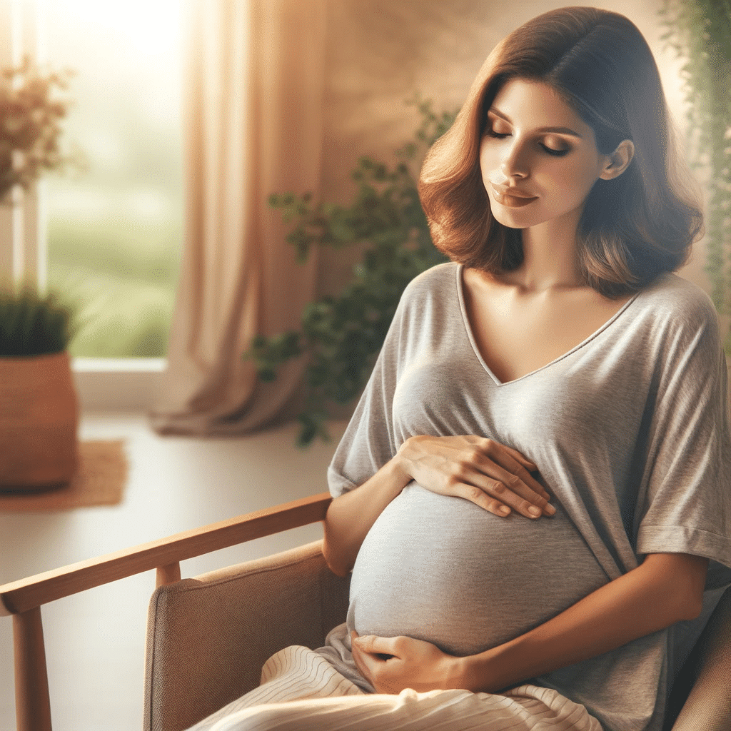 Create a high-quality, hyper-realistic image of a pregnant woman in a serene setting. She should be portrayed in a comfortable, peaceful environment