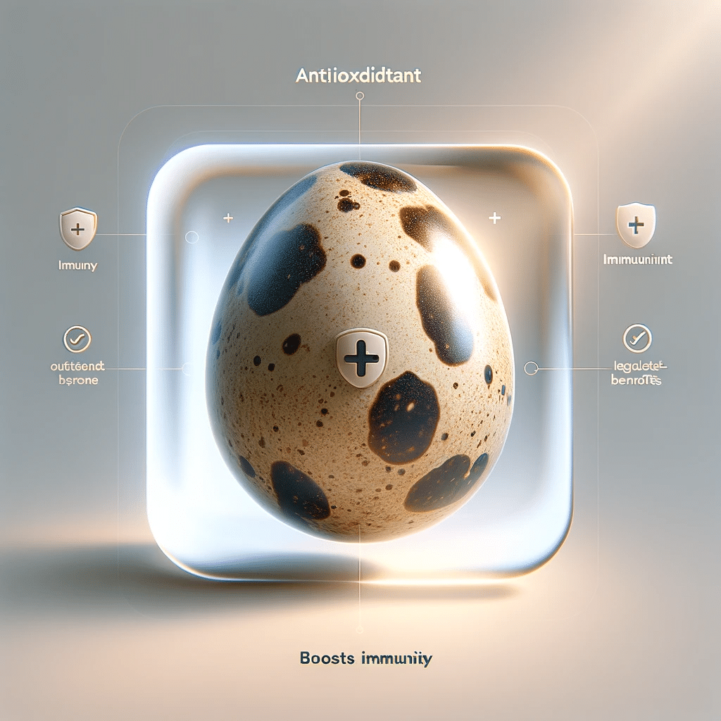 Create a highly detailed image of a square quail egg. The egg should appear with a shiny, reflective surface indicative of its antioxidant properties