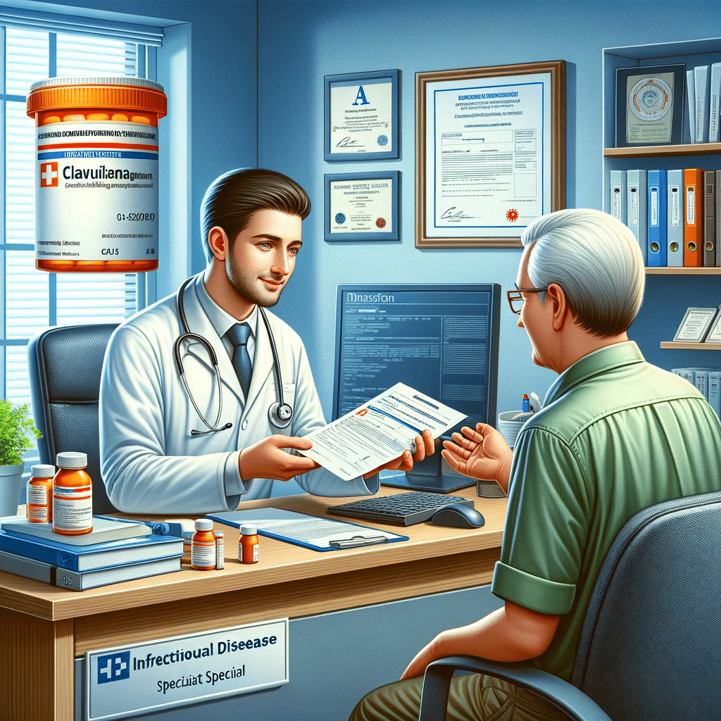 Create a highly realistic illustration of a medical consultation where an infectious disease specialist is prescribing Clavulim to a patient. The scen.png