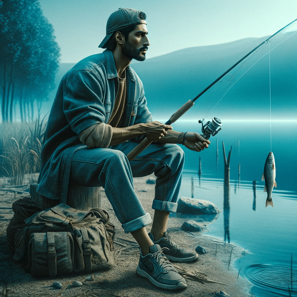 Create a highly realistic image of a man of South Asian descent, dressed in everyday casual attire, fishing by a lake. He should be wearing common out
