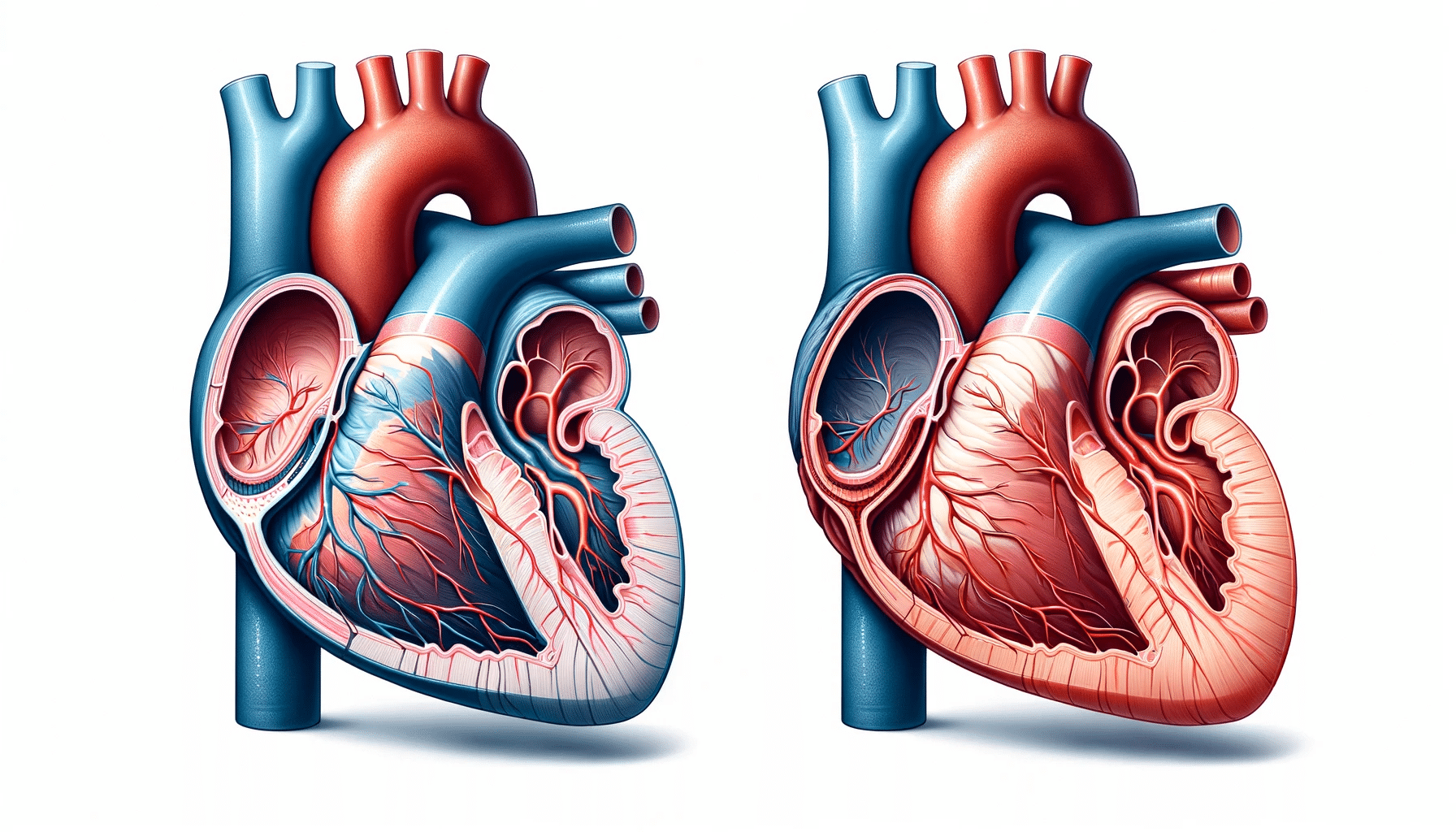 Create a horizontal detailed medical illustration comparing a normal heart to one with ventricular hypertrophy without any labels or text. The image
