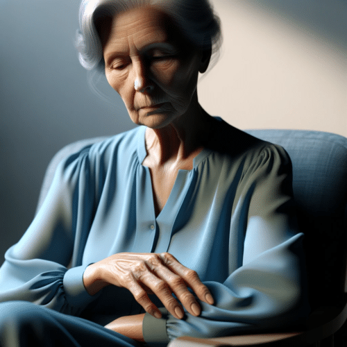 Create a hyper-realistic image of an elderly woman seated in a chair looking downward with an expression of tiredness. She is depicted in a moment of