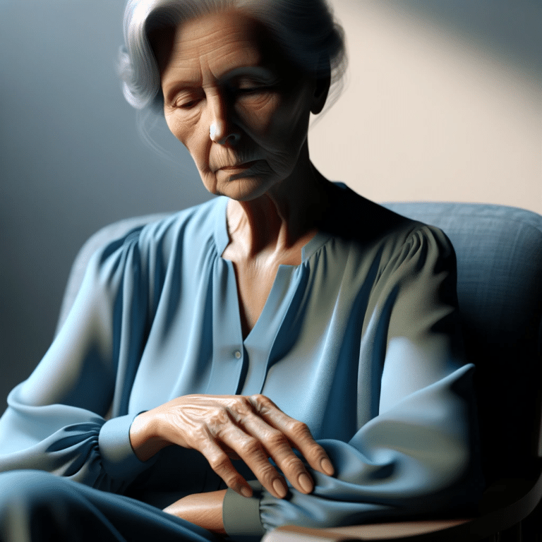 O que é Edema e Por Que o Inchaço Acontece? 10 Create a hyper-realistic image of an elderly woman seated in a chair looking downward with an expression of tiredness. She is depicted in a moment of
