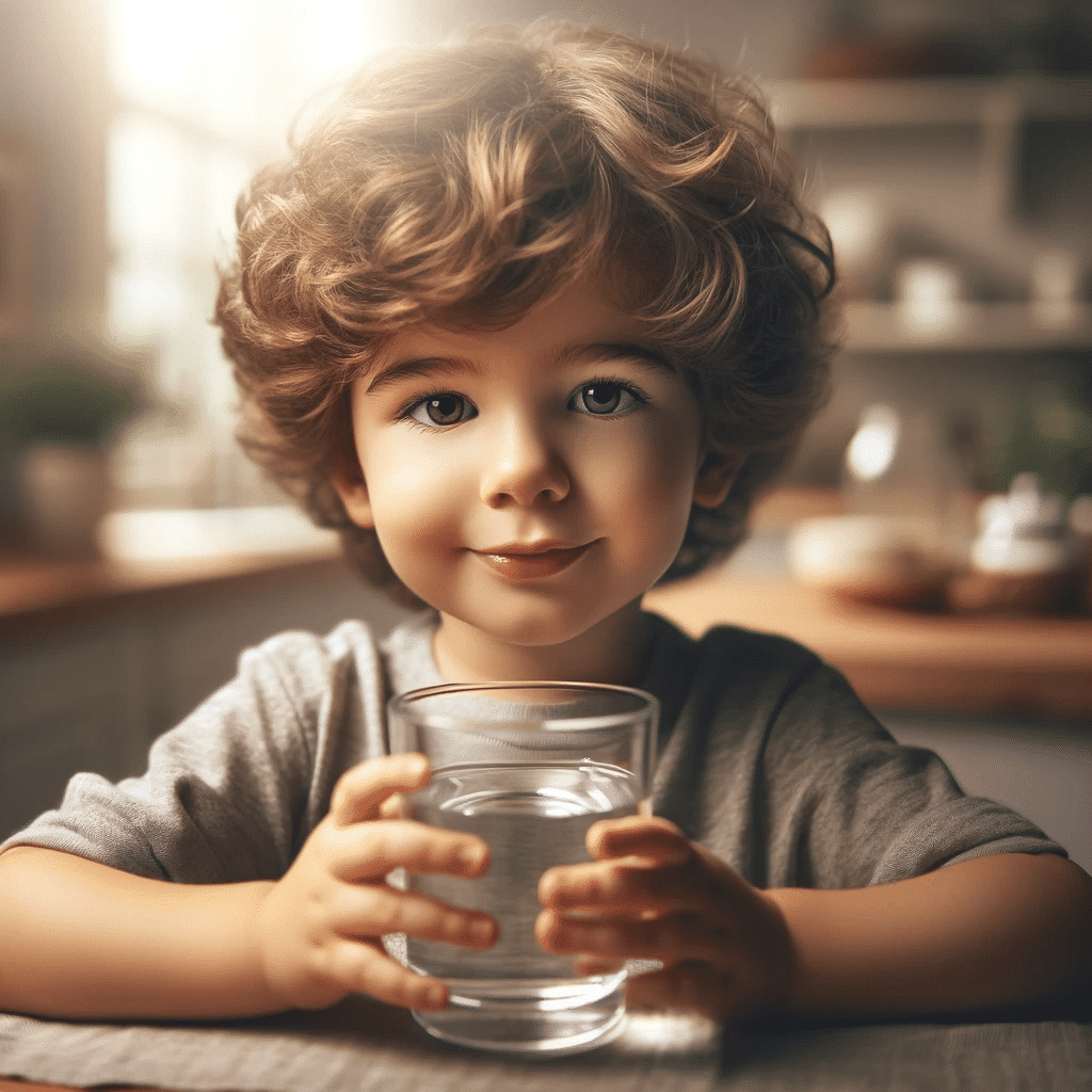 Create a hyperrealistic image of a 3 year old Caucasian boy with curly hair drinking water from a clear glass cup after taking medicine. The boy shou