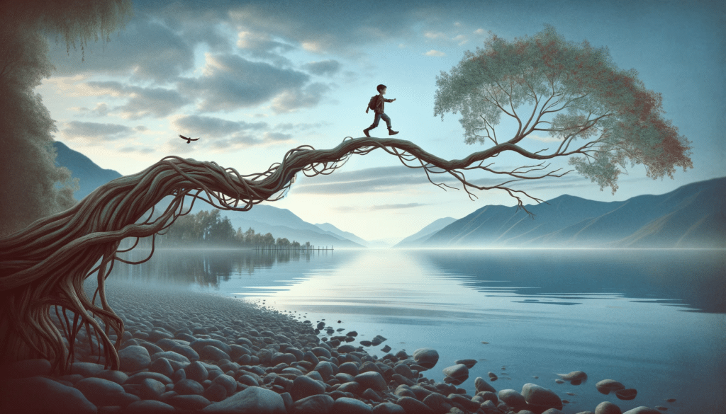 Create a photo realistic and serene horizontal image inspired by the given photos color palette. The scene depicts a young boy adventurously walking