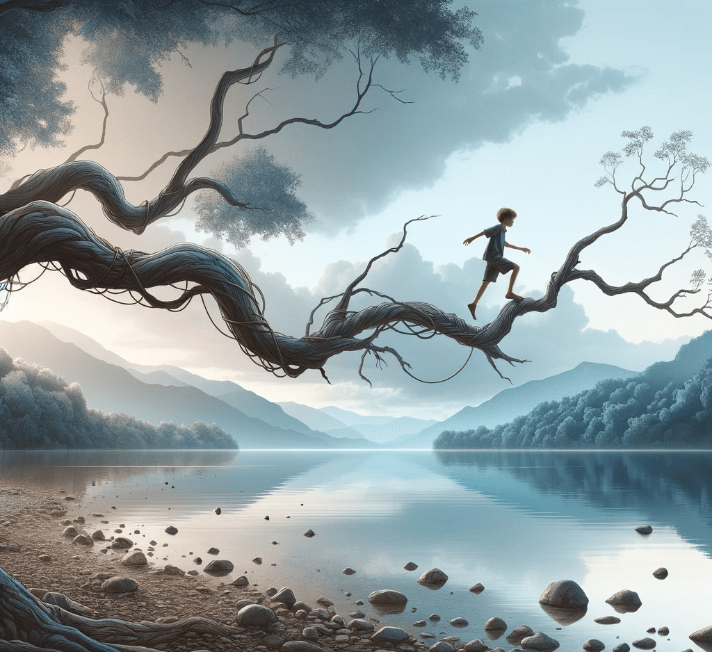 Create a photo realistic and serene image inspired by the given photos color palette. The scene depicts a young boy adventurously walking on a large