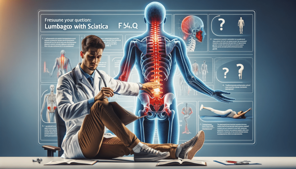 Create a realistic and educational photo composition for a medical FAQ about CID M54.5 Lumbago with sciatica. The image should include 1. A healthc