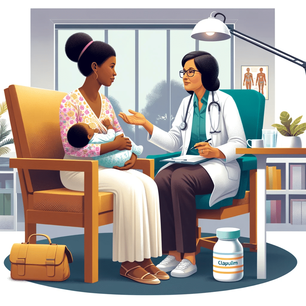 Create a realistic illustration of a mother breastfeeding her infant and talking to a doctor about using Clavulim. The setting is a doctor's office, w.