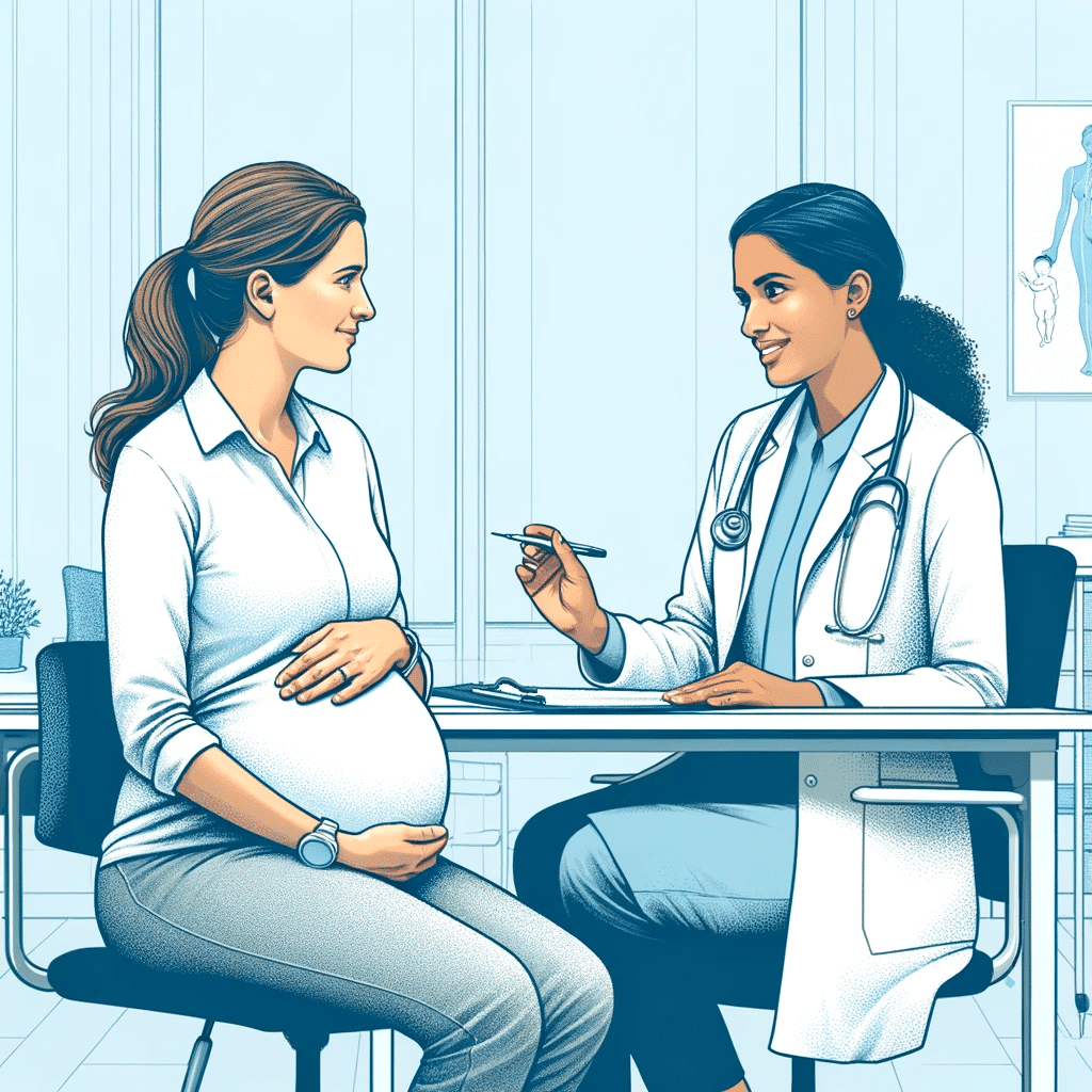 Create a realistic illustration of a pregnant woman discussing the use of Clavulim with a female doctor. The setting is a doctor's office, with the wo