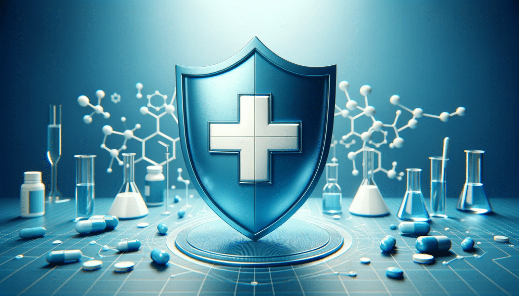 Create a sophisticated horizontal 3D image of a cyan blue shield color hex 133951 featuring a symmetric white cross in the center. The shield shoul 2