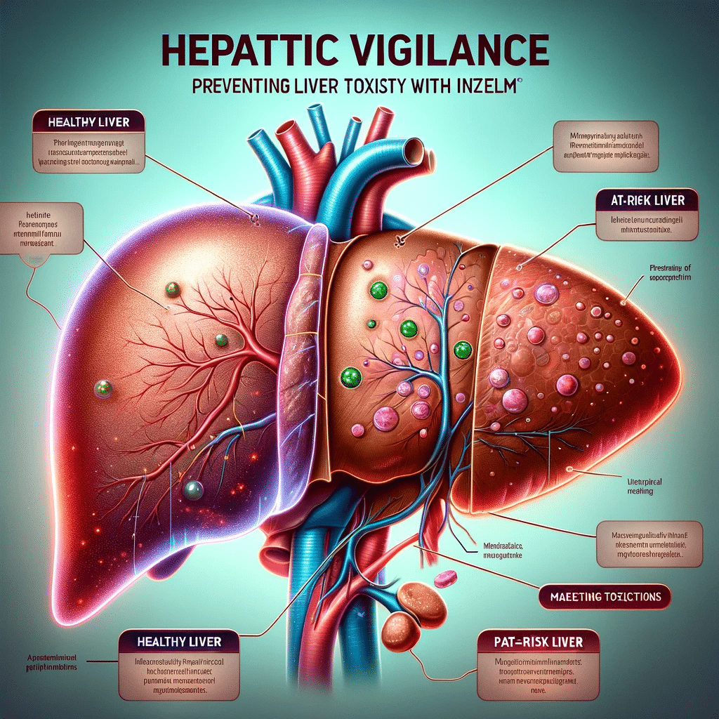 Create an educational and detailed image that represents the concept of 'Hepatic Vigilance_ Preventing Liver Toxicity with Inzelm.' The image should i.