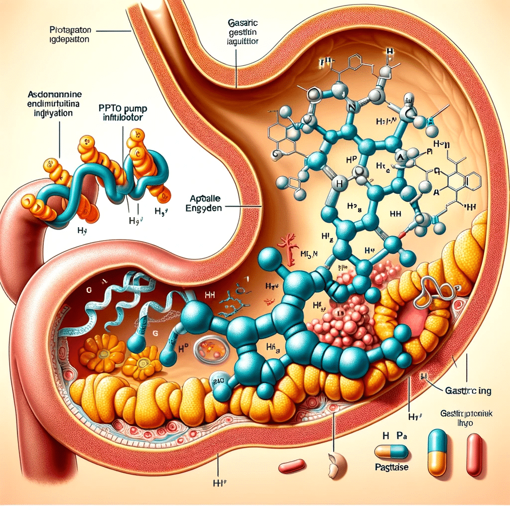 Create an educational illustration that depicts proton pump inhibitors (PPIs) at the molecular level interacting with the gastric H+_K+ ATPase enzyme.