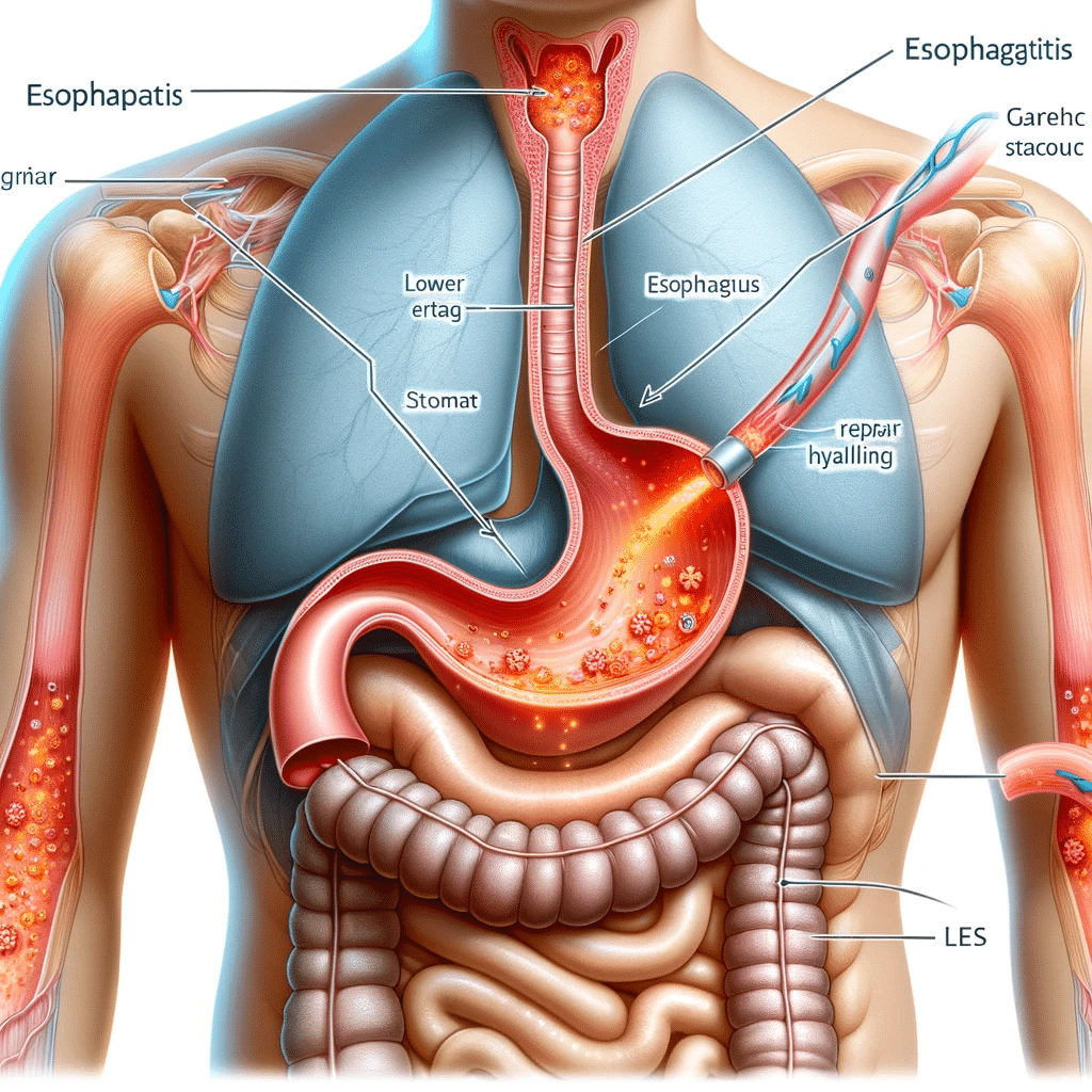 Create an educational illustration that shows the concept of treating reflux esophagitis. The image should represent the lower part of the esophagus a.