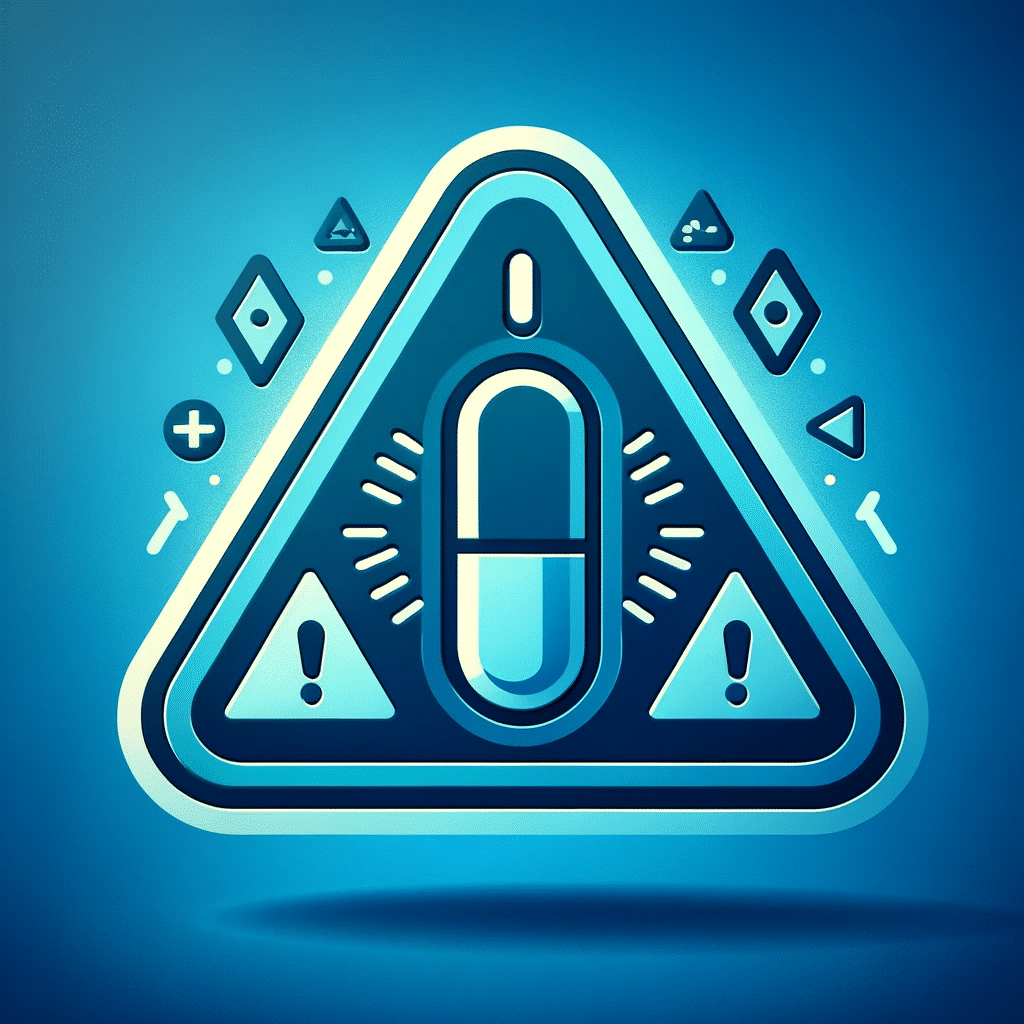 Create an illustration of a triangular warning alert sign in shades of blue, with a central icon of a pill. On the pill, the word 'atorvastatin' is