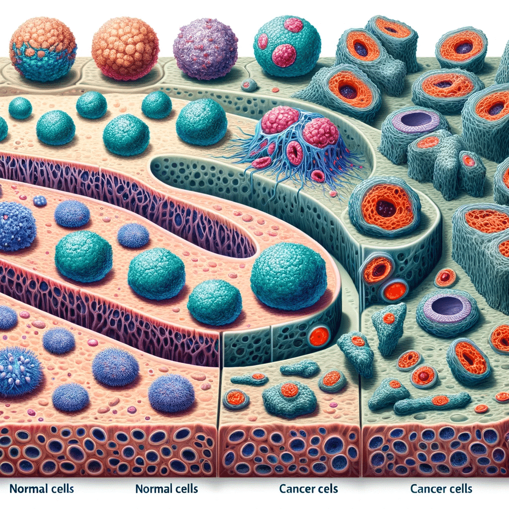 Create an illustrative and educational image that represents the cellular process of carcinogenesis. The image should show a progression from normal c.