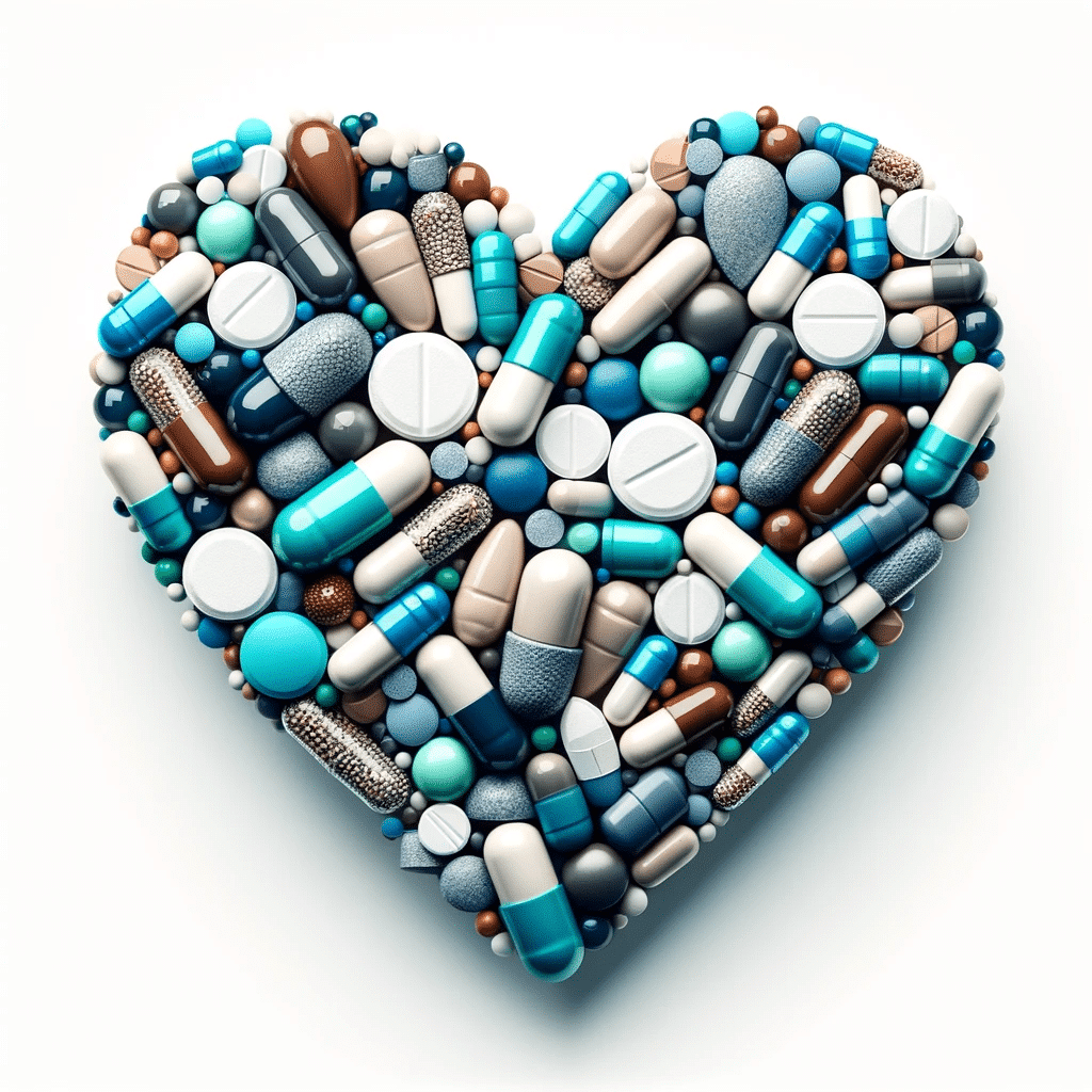 Create an image of a 3D heart composed entirely of pills and capsules. The heart should be in shades of cyan specifically hex 133951 and the pills