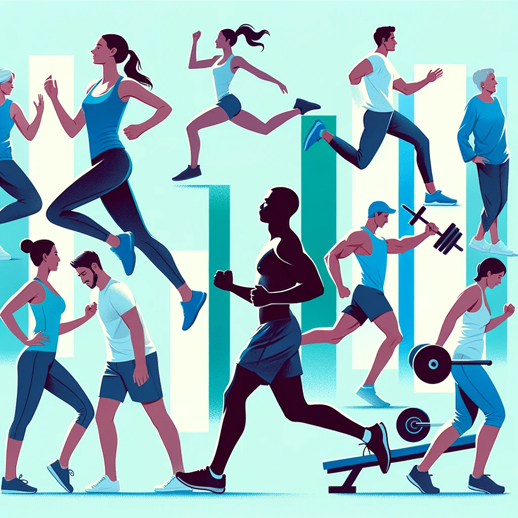 Create an image of a diverse group of people engaged in various forms of regular physical activity. Illustrate a mix of activities someone running a