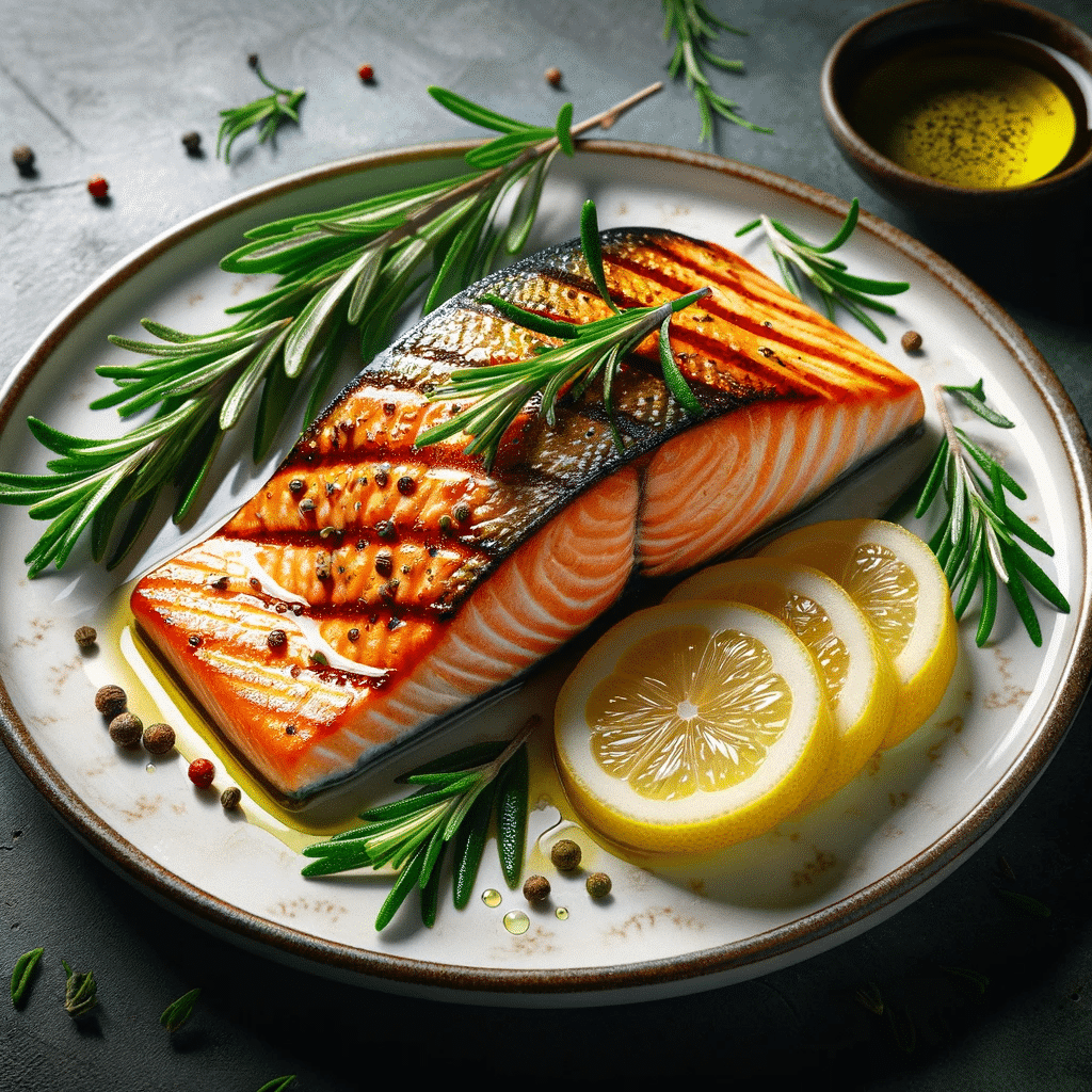 Create an image of a grilled salmon fillet garnished with rosemary and lemon. The fillet should be perfectly cooked with a golden crust on the outside.