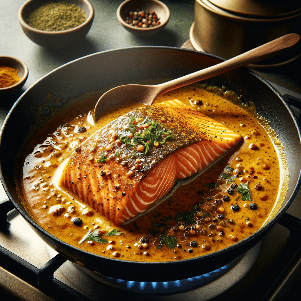 Create an image showcasing a salmon fillet being cooked in curry sauce. The image should depict a pan on a stove with a piece of salmon covered in a t