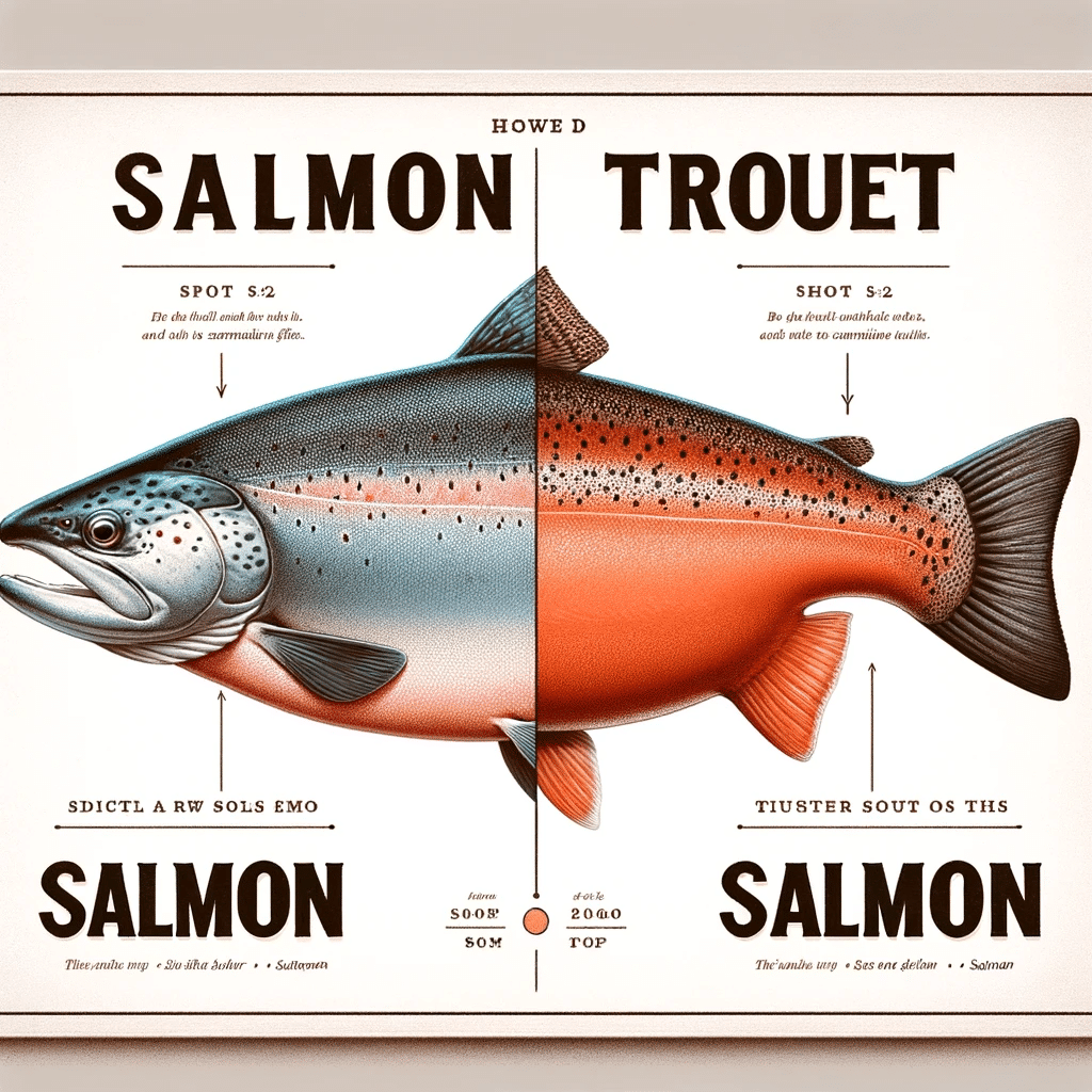 Create an image that shows a side-by-side comparison of a Salmon Trout (Truta Salmonada) and a Salmon. On the left half of the image, display the Salm.