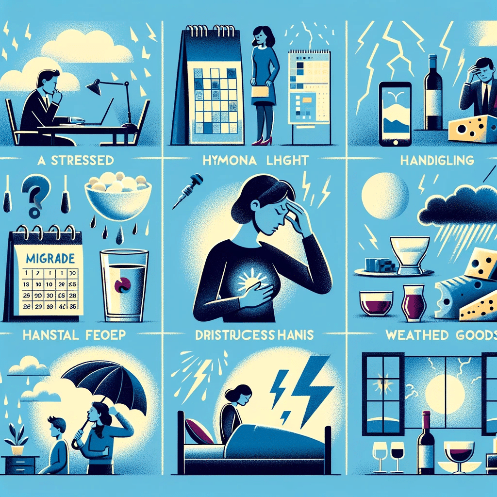 Create an image with a split composition each section representing a different migraine trigger. Include icons and simple scenes 1. A stressed perso