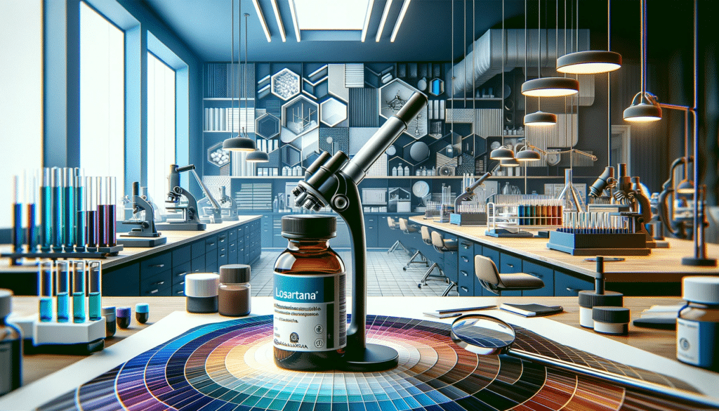 Create an impressive wide angle photo of a sophisticated laboratory scene with a focus on a bottle of Losartana. The scene should be vibrant and de