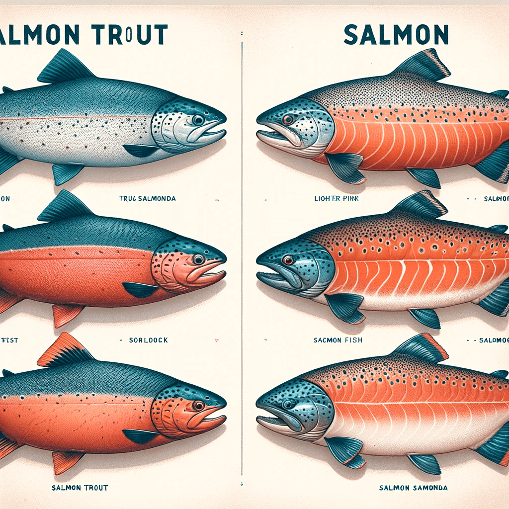 Create an image that shows a side-by-side comparison of a Salmon Trout (Truta Salmonada) and a Salmon. On the left half of the image, display the Salm